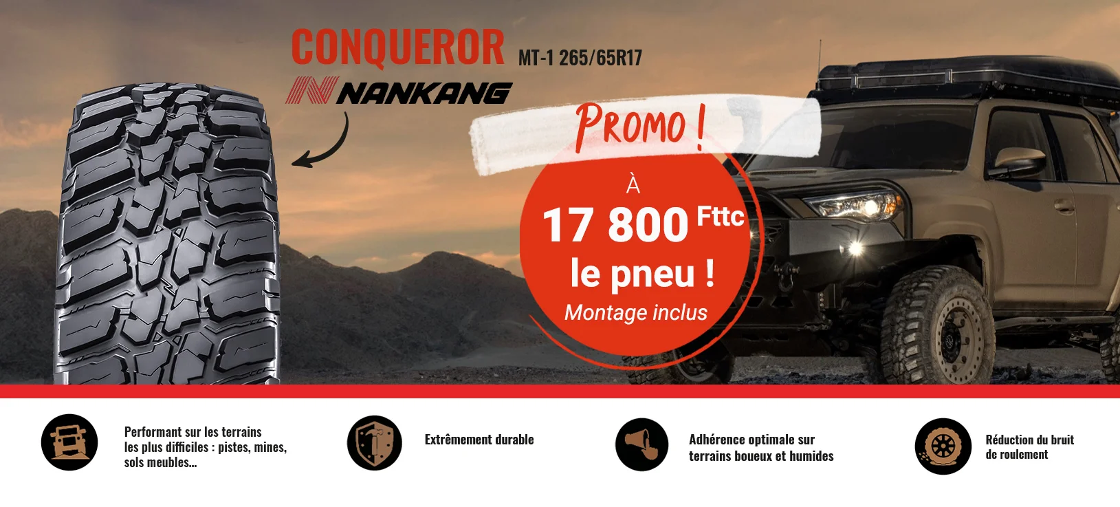 Visuel promotion sur les pneus Nankang Conqueror MT-1 265/65R17